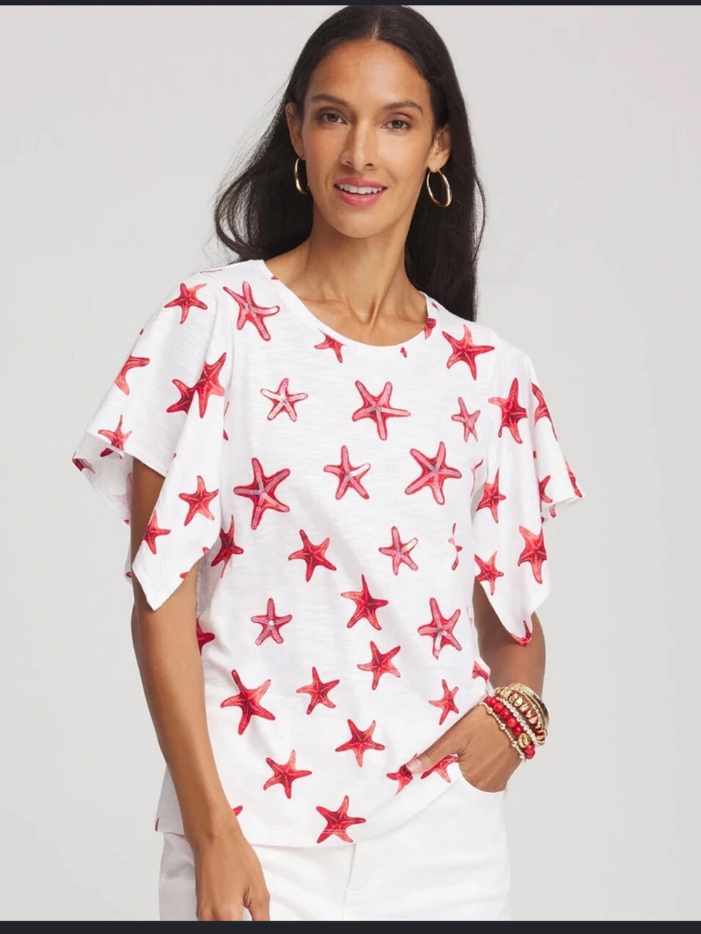 Chico's White Tee with Red Starfish Print and Flutter Sleeves Size 0 (Small)